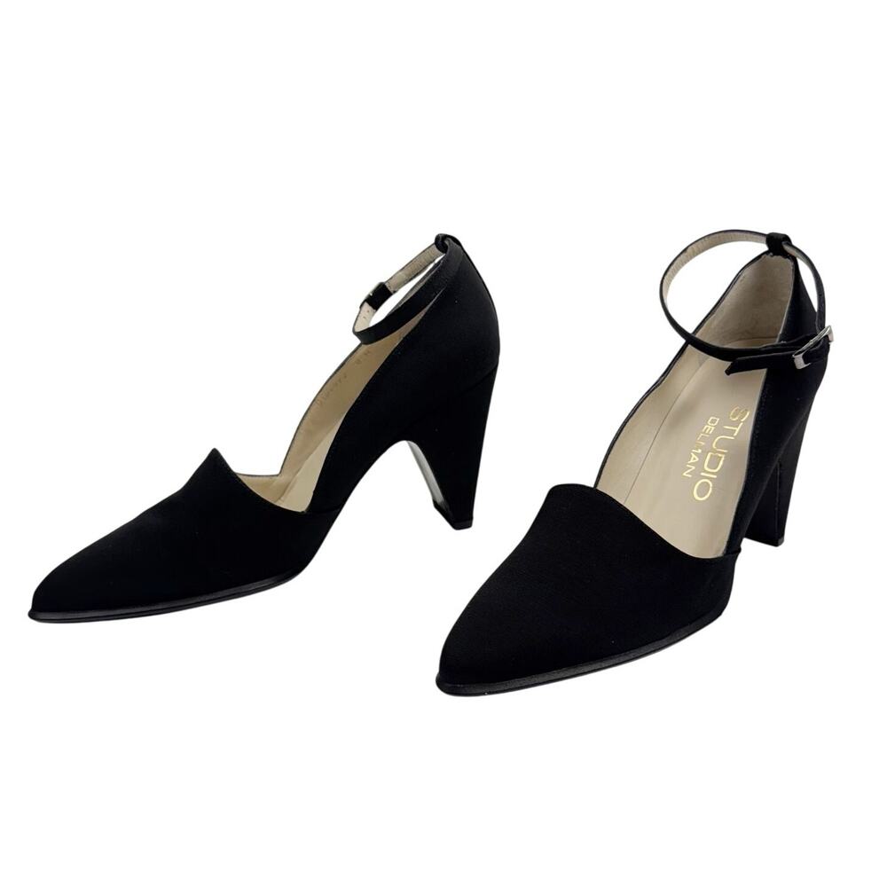 Studio Delman‎ Black Fabric Pointed Toe Ankle Strap Cuban High Heel Pumps Sz 8